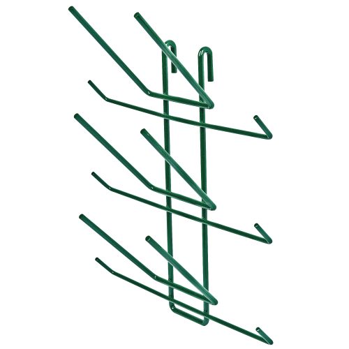 The Quantum Store Grid Bottle Drying Rack has a green epoxy antimicrobial finish, six bottle capacity, wall-mounted metal design with angled hooks, and NSF certification for efficient and clean organization.