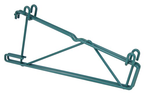 The Quantum Store Grid Shelf Support Bracket in green epoxy antimicrobial finish features a double rectangular shape with an angled, triangular support structure. It includes multiple hooks and bends for versatile hanging, ideal for 14W shelves.
