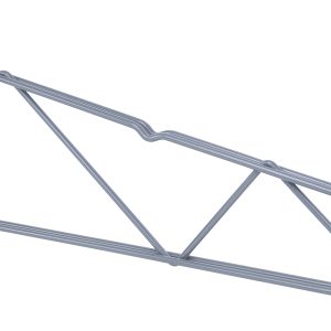 The Quantum Store Grid Shelf Support Bracket, designed for 21W shelves, features a triangular support with double hooks for mounting, a central curve for stability, and a gray epoxy antimicrobial finish. Its sleek design and stylish silver color enhance its appeal.