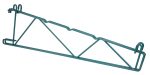 The Quantum Store Grid Shelf Support Bracket, designed for 24W shelves, is a green metal wall bracket with a geometric design and an NSF-certified epoxy antimicrobial finish. It features hooks for mounting and multiple triangle support beams to hold items securely.