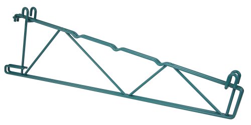 SG-CD24P.jpg The Quantum Store Grid Shelf Support Bracket, designed for 24W shelves, is a green metal wall bracket with a geometric design and an NSF-certified epoxy antimicrobial finish. It features hooks for mounting and multiple triangle support beams to hold items securely.