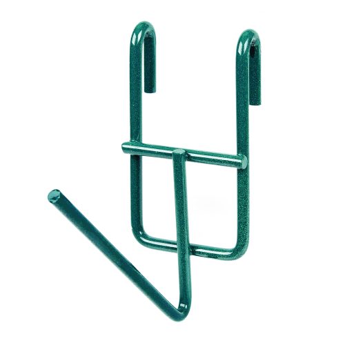 The Quantum Store Grid Flatware Holder is a green metal hook featuring a double-pronged design with an upward-facing hook and lower bar, fitting securely over a ledge with its 4 diameter top, perfect for an NSF Store Grid Flatware Holder.