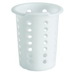 A white, cylindrical utensil holder with round holes and a flared top rim uses the Quantum Store Grid Cylinder Holder Mounting Bracket for stability. It includes an optional NSF-certified green epoxy antimicrobial finish to enhance kitchen tool hygiene.