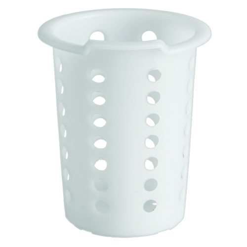 SG-CMBP.jpg A white, cylindrical utensil holder with round holes and a flared top rim uses the Quantum Store Grid Cylinder Holder Mounting Bracket for stability. It includes an optional NSF-certified green epoxy antimicrobial finish to enhance kitchen tool hygiene.