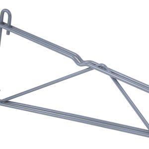 The Quantum Store Grid Shelf Support Bracket, in a triangular shape with gray epoxy antimicrobial finish and angled hooks, is reinforced for stability. Its ideal for holding items or organizing spaces and is designed for use with 14W shelves.
