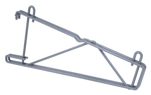 The Quantum Store Grid Shelf Support Bracket, in a triangular shape with gray epoxy antimicrobial finish and angled hooks, is reinforced for stability. Its ideal for holding items or organizing spaces and is designed for use with 14W shelves.
