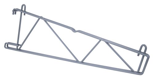 The Quantum Store Grid Shelf Support Bracket is a single metal wall-mounted triangular bike rack with hooks on both ends, seamlessly aligning with NSF standards. It features a sleek gray epoxy antimicrobial finish and is displayed against a plain white background for a crisp, modern look.