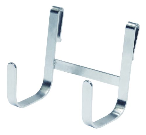 small chrome hook The Quantum Store Grid Large Double Hook, measuring 4-1/4W x 2-1/2D x 3-3/4H, features a green epoxy antimicrobial finish for durability and securely hangs items with dual prongs and clips on rods or shelves.