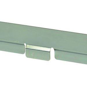 The Quantum Store Grid Large Bin Holder, 23-1/2W, features a flat chrome-plated design with two mounting holes on each end. Its central notch ensures NSF compatibility and a smooth surface for optimum functionality.