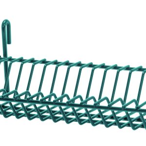 The Quantum Store Grid Lid/Tray Drying Rack is 13-1/2W x 8-1/2D x 4-1/4H, featuring an NSF-certified green epoxy antimicrobial finish. It hangs on walls or doors with two curved hooks and a slanted surface for secure item placement.