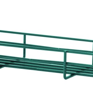 The Quantum Store Grid Spice Rack, featuring a green epoxy antimicrobial finish, is NSF certified and ideal for hanging. It measures 11-1/4W x 5W x 3-3/4H, has an elongated rectangular shape with curved edges, top hooks, and horizontal bars forming the base.