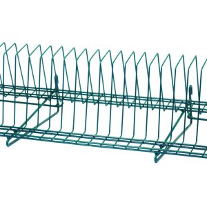 The Quantum Store Grid Tray Drying Rack, measuring 14D x 34-1/2L x 11-1/4H, features a green epoxy antimicrobial finish and evenly spaced slots for vertical storage. It offers a 15-year warranty and sits gracefully on a white background, ensuring durability and peace of mind.