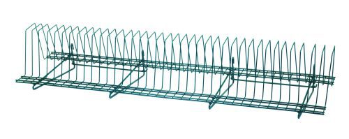The Quantum Store Grid Tray Drying Rack, measuring 14D x 34-1/2L x 11-1/4H, features a green epoxy antimicrobial finish and evenly spaced slots for vertical storage. It offers a 15-year warranty and sits gracefully on a white background, ensuring durability and peace of mind.