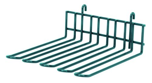 Green wire flat hanging tray The Quantum Store Grid Large Utensil Holder features a green epoxy antimicrobial finish with five prongs for organization. It measures 10-1/2W x 11D x 4-1/4H and includes two top hooks for mounting or suspension, meeting NSF standards.