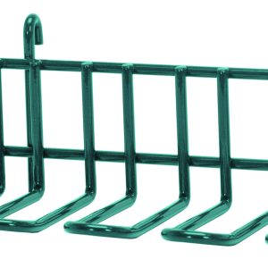 The Quantum Store Grid Large Utensil Holder is 10-1/2W x 5D x 4-1/4H and features a green epoxy antimicrobial finish. Its minimalistic design has hooks for hanging, six square U-shape sections for holding components, and is NSF-certified.