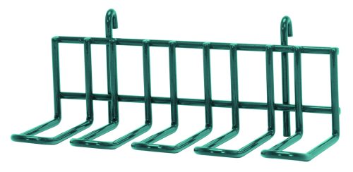 Hanging shelf The Quantum Store Grid Large Utensil Holder is 10-1/2W x 5D x 4-1/4H and features a green epoxy antimicrobial finish. Its minimalistic design has hooks for hanging, six square U-shape sections for holding components, and is NSF-certified.