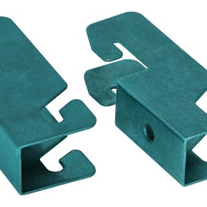 Part of the NSF-approved Quantum Store Grid Mounting Kit (set of 6), these two green metal brackets feature a rectangular shape with side holes, notched ends, and a green epoxy antimicrobial finish. Displayed against a white background.