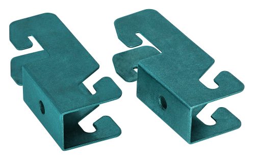Part of the NSF-approved Quantum Store Grid Mounting Kit (set of 6), these two green metal brackets feature a rectangular shape with side holes, notched ends, and a green epoxy antimicrobial finish. Displayed against a white background.