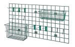 The Quantum Store Grid Light-Duty Kit includes a 48W x 24H grid panel, two baskets (17W x 7D x 5H and 17W x 7D x 10H), (6) 6 hooks, (6) small hooks, and a wall mounting bracket. Features green epoxy antimicrobial finish for versatile storage against a white background.