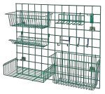 The Quantum Store Grid Light-Duty Kit in green includes a 36W x 30H grid panel with a variety of baskets and hooks, featuring a 17W x 7D basket, an 18W x 9D shelf, and a 4W utensil holder for efficient storage. It also comes with assorted hooks and a lid holder drying rack.