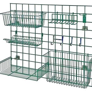 The Quantum Store Grid Light-Duty Kit in green includes a 36W x 30H grid panel with a variety of baskets and hooks, featuring a 17W x 7D basket, an 18W x 9D shelf, and a 4W utensil holder for efficient storage. It also comes with assorted hooks and a lid holder drying rack.