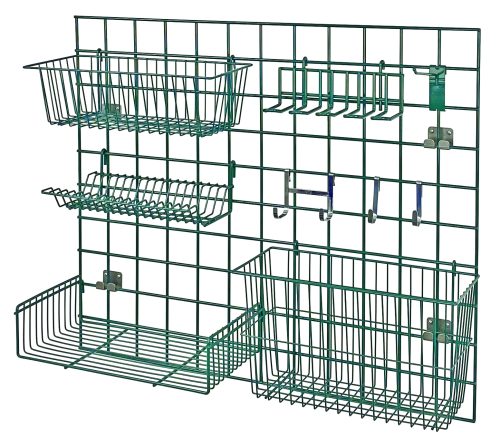 The Quantum Store Grid Light-Duty Kit in green includes a 36W x 30H grid panel with a variety of baskets and hooks, featuring a 17W x 7D basket, an 18W x 9D shelf, and a 4W utensil holder for efficient storage. It also comes with assorted hooks and a lid holder drying rack.