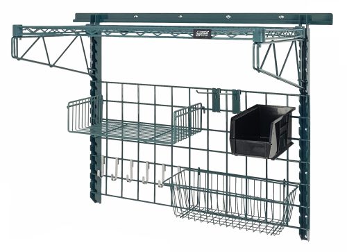 The Quantum Store Grid Medium-Duty Kit includes a 40 wall track, 18 x 36 grid panel, various hooks and shelves, a single bin holder with a Qus230 bin (available in multiple colors), and features a black epoxy antimicrobial finish. Its ideal for efficiently organizing tools.
