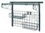The Quantum Store Grid Medium-Duty Kit includes a 36W x 18H grid panel, a 17W x 7D x 5H wire basket, an 18W x 9D small shelf, hooks, and a Qus230 clear bin. It features sturdy construction ideal for organizing garages or workshops with its green epoxy antimicrobial finish.