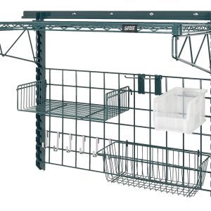 The Quantum Store Grid Medium-Duty Kit includes a 36W x 18H grid panel, a 17W x 7D x 5H wire basket, an 18W x 9D small shelf, hooks, and a Qus230 clear bin. It features sturdy construction ideal for organizing garages or workshops with its green epoxy antimicrobial finish.