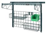 The Quantum Store Grid Medium-Duty Kit in green epoxy finish includes a 40 wall track, two 31 uprights, two 18 cantilever arms, an 18x36 grid panel, a basket, shelf, hooks, a bin holder with Qus230 bin. Its ideal for organizing tools and small items efficiently.