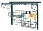 The Quantum Store Grid Medium-Duty Kit includes an 18 x 36 grid panel, two 31 uprights, a beige bin, wire shelves, hooks, a basket for organizing items, and a sturdy dark green frame with a 40 wall track. Ideal for tool storage with antimicrobial green epoxy finish.