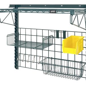This Quantum Store Grid Medium-Duty Kit in a green epoxy antimicrobial finish includes an 18 x 36 grid panel with a 9 x 18 small shelf, a yellow QUS230 bin on the upper right shelf, and multiple hooks at the bottom. Ideal for efficient tool organization.