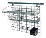 The Quantum Store Grid Standard-Duty Kit features a 40 wall track with a 30 x 36 grid panel, an 18W x 36L large shelf, basket, small shelf, hooks (6 and small), single bin holder, QUS230 bin in various colors, and a wall tack mounting bracket for organizing tools efficiently.