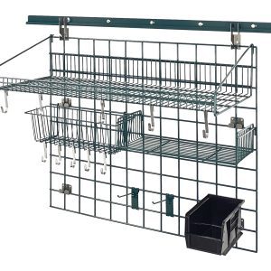 The Quantum Store Grid Standard-Duty Kit features a 40 wall track with a 30 x 36 grid panel, an 18W x 36L large shelf, basket, small shelf, hooks (6 and small), single bin holder, QUS230 bin in various colors, and a wall tack mounting bracket for organizing tools efficiently.