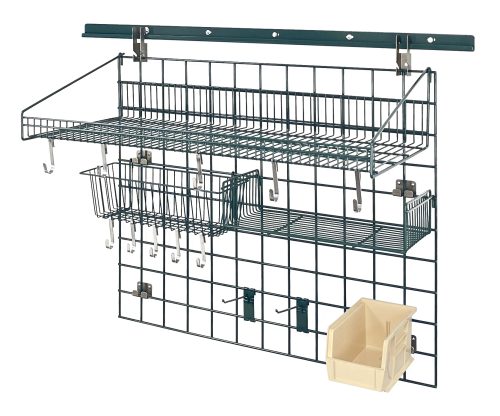 The Quantum Store Grid Standard-Duty Kit features a 30 x 36 grid panel, 40 wall track, large and small shelves, hooks, a basket, and a single bin holder with color options. With its green epoxy antimicrobial finish, its perfect for organizing home or office spaces.