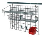The Quantum Store Grid Standard-Duty Kit features a 40 wall track, 30x36 grid panel, large and small shelves, a 17Lx7Wx5H basket, hooks, a single bin holder with a vibrant Qus230 bin available in five colors—including red—and is perfect for organizing small items. Green epoxy finish included.