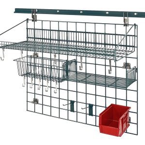 The Quantum Store Grid Standard-Duty Kit features a 40 wall track, 30x36 grid panel, large and small shelves, a 17Lx7Wx5H basket, hooks, a single bin holder with a vibrant Qus230 bin available in five colors—including red—and is perfect for organizing small items. Green epoxy finish included.