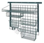The Quantum Store Grid Medium-Duty Kit, in green epoxy, includes a 40 wall track, a 36W x 30H grid panel, large and small shelves, baskets of various sizes (17x7x10 and 13x5x7), hooks, a cylinder holder with flatware cylinder. Ideal for versatile organization.