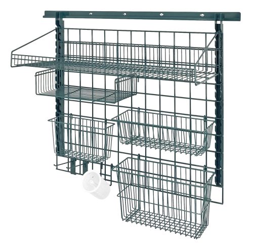 The Quantum Store Grid Medium-Duty Kit, in green epoxy, includes a 40 wall track, a 36W x 30H grid panel, large and small shelves, baskets of various sizes (17x7x10 and 13x5x7), hooks, a cylinder holder with flatware cylinder. Ideal for versatile organization.