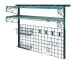 Introducing the Quantum Store Grid Medium-Duty Kit, featuring: a 56 wall track, two 44 uprights, four 18 cantilever arms, two 36W x 18D shelves, and a versatile grid panel. Includes green epoxy hooks, a wire basket, and more essentials for efficient tool organization.