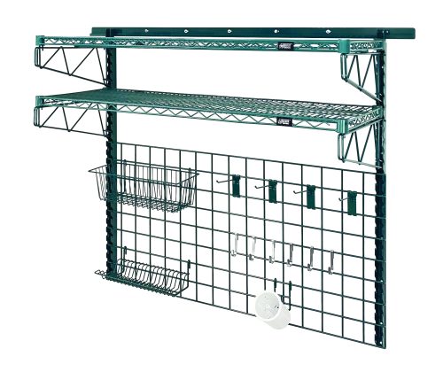Introducing the Quantum Store Grid Medium-Duty Kit, featuring: a 56 wall track, two 44 uprights, four 18 cantilever arms, two 36W x 18D shelves, and a versatile grid panel. Includes green epoxy hooks, a wire basket, and more essentials for efficient tool organization.
