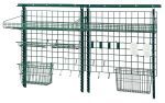 The Quantum Store Grid Medium-Duty Kit, in a green epoxy antimicrobial finish, features a 72 wall track, four 44 uprights, and comes with grid panels, large shelves, lid holder drying racks, cylinder holders, baskets, and hooks—perfect for organized and versatile item storage.