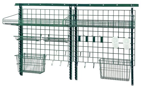 The Quantum Store Grid Medium-Duty Kit, in a green epoxy antimicrobial finish, features a 72 wall track, four 44 uprights, and comes with grid panels, large shelves, lid holder drying racks, cylinder holders, baskets, and hooks—perfect for organized and versatile item storage.