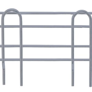 The Quantum Side Ledge, measuring 14D x 4H, is a metal grid structure with rounded ends and vertical bars. It features a gray epoxy antimicrobial finish and stands elegantly against a white background.