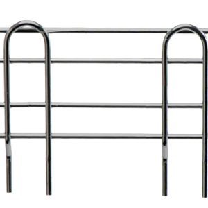 Close-up of the Quantum Side Ledge, a 304 stainless steel wire holder with a simple rectangular design. It measures 14D x 4H, featuring two parallel elongated loops connected by vertical arcs at equal intervals. The metal has a shiny silver appearance.