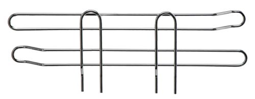 Close-up of the Quantum Side Ledge, a 304 stainless steel wire holder with a simple rectangular design. It measures 14D x 4H, featuring two parallel elongated loops connected by vertical arcs at equal intervals. The metal has a shiny silver appearance.