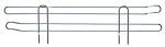 The Quantum Side Ledge, measuring 18D x 4H, features a chrome-plated finish with two horizontal bars and four vertical prongs for securing items on a shelf. Its sleek and minimalist design enhances light reflection.
