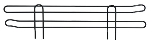 The Quantum Side Ledge, measuring 18D x 4H, features two long thin metal rods parallel to each other with looped ends. Shorter perpendicular rods connect them to form an inverted U shape. The black epoxy antimicrobial finish contrasts strikingly against a stark white background.