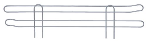 The Quantum Side Ledge measures 18D x 4H and features two identical metal rods with a gray epoxy antimicrobial finish. The rods run parallel, have rounded ends, vertical bends forming a grid-like pattern, and include lightweight design with convenient side ledges.