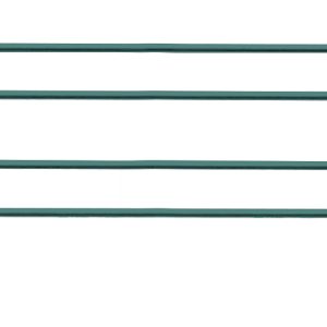 The Quantum Side Ledge is a green metal plant support, measuring 18D x 4H, with two rounded loops and long horizontal bars. Its green epoxy antimicrobial finish ensures durability, while the side ledge provides extra stability for effective plant shaping in any garden.